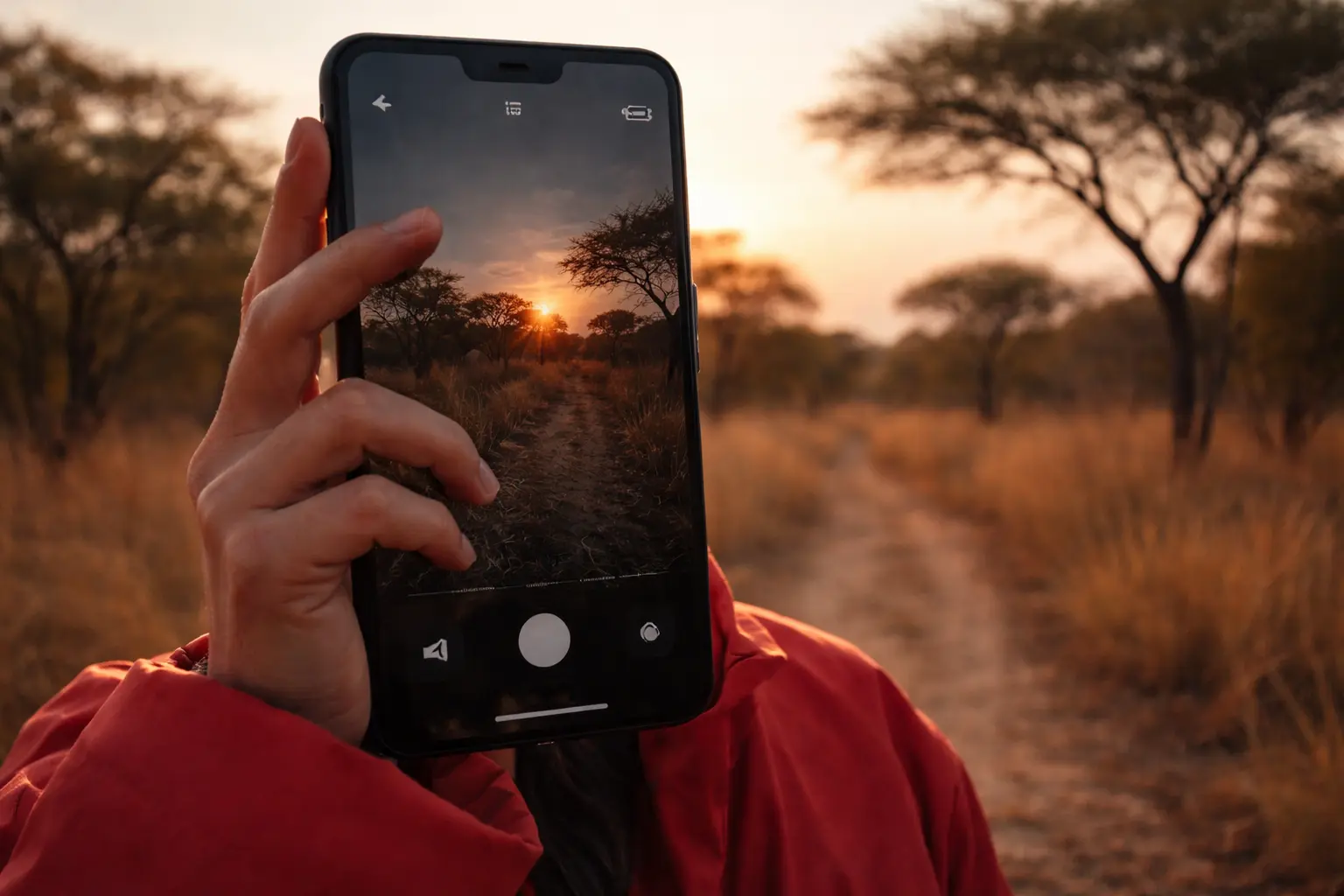 Student using a smartphone to photograph a natural scene